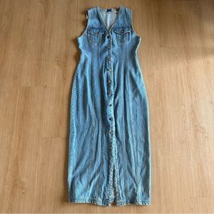 Vintage 80s Retro Sleeveless Full Length Denim Button Down Maxi Dress